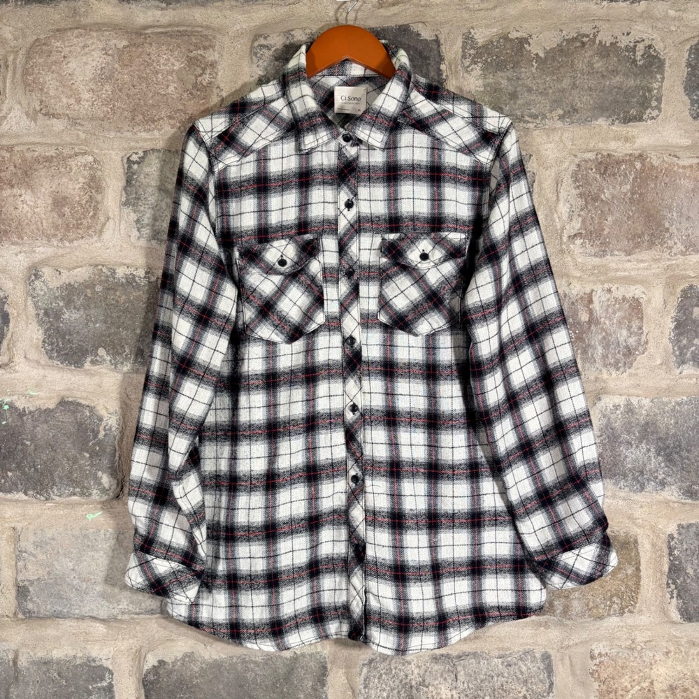 Ci Sono Plaid Collection Flannel Shirt Women's XL White Black Red Button Up
